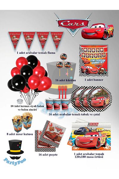 PartyPoo Cars Cars Themed Mega Birthday Set for 16 People |   Party Supplies and Decorations
