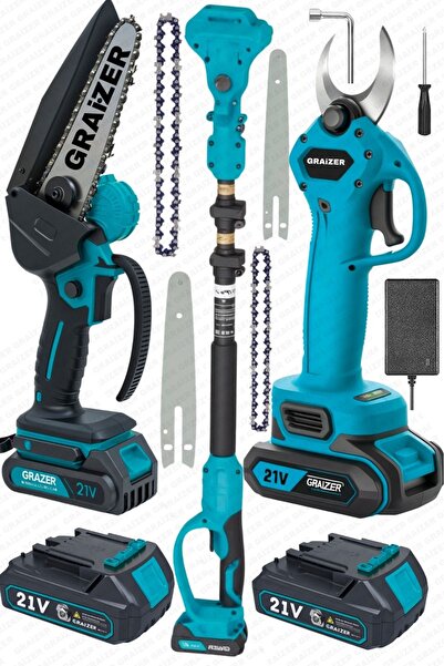 Graizer Teleskopik Set 4 Akülü Şarjlı Ağaç Dal Kesme Budama Makası Testere Teleskop Hediyeli 5 Pilli Akü