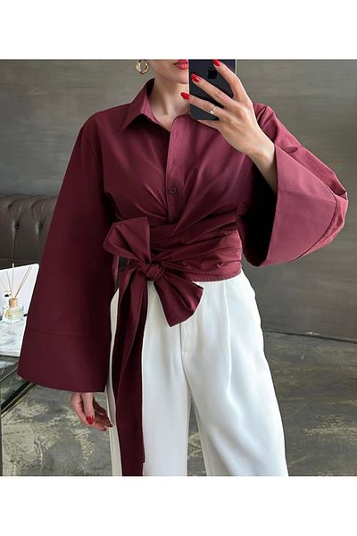 AB LOOKS Cămașă crop din popelin pentru femei, cu talie, cu curea, design nou sezon