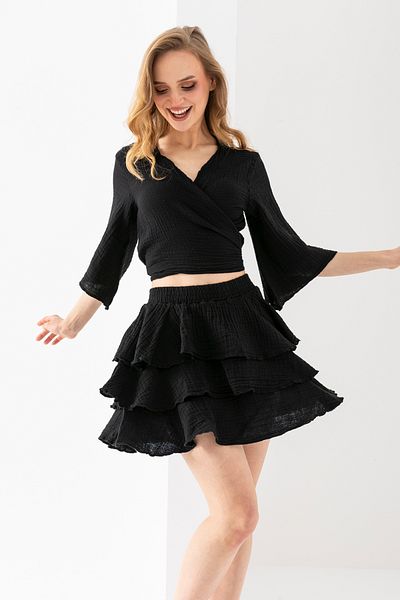 EtkiModa Fusta mini cu volane neagră pentru femei 100% bumbac organic