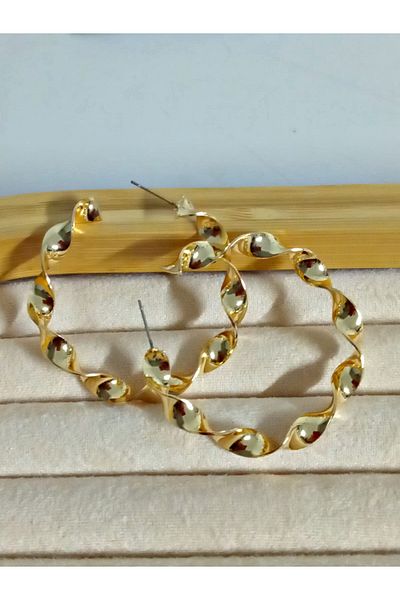 mos&more Gold Twisted 5cm Medium Size Hoop Women's Earrings