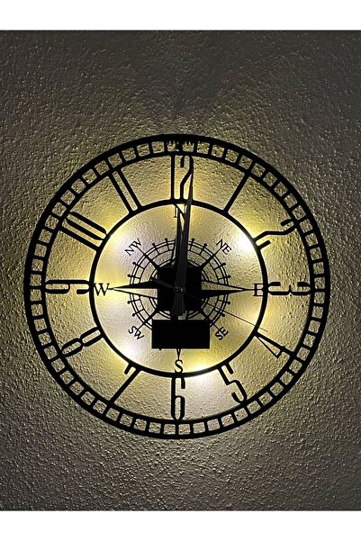 GünceDekor Normal Sayılı Pusula Ledli Sessiz Mekanizmalı Modern Saat