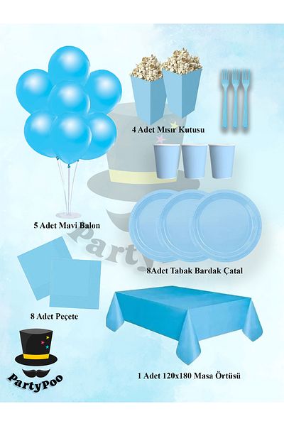 PartyPoo Blue Macaron Birthday Set for 8 People |   Plates, Cups and Party Supplies