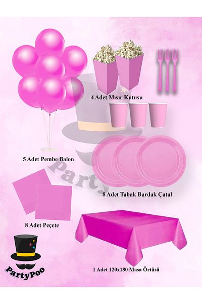 PartyPoo Σετ γενεθλίων Pink Macaron για 8 άτομα |   Πιάτα, Ποτήρια και Προμήθειες για πάρτι