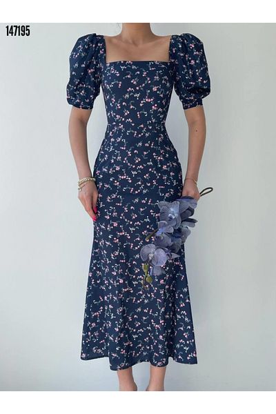 JANES Rochie midi de damă cu guler pătrat din țesătură creponată cu imprimeu floral