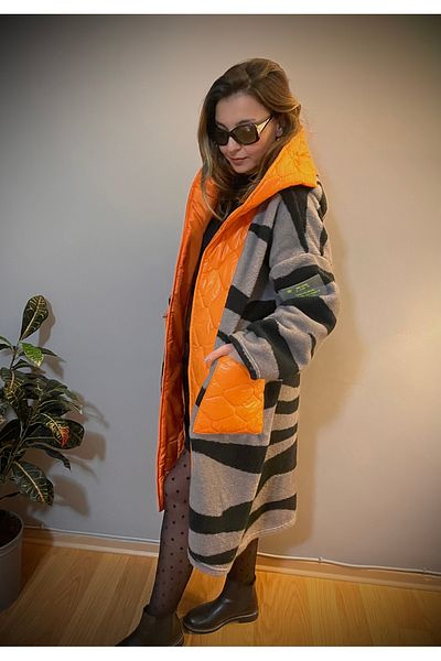 SEE MORE Quilted Orange Gray Plush Coat