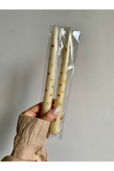 inrobert 2’li Altın Varaktan Yapılı Kalp Desenli Şamdan Krem Mum 2’li