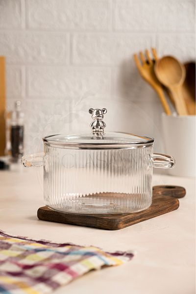 clasavm Heat Resistant Silver Teddy Bear Figured Borosilicate Glass Pot - 1.6 Liter Stovetop Use