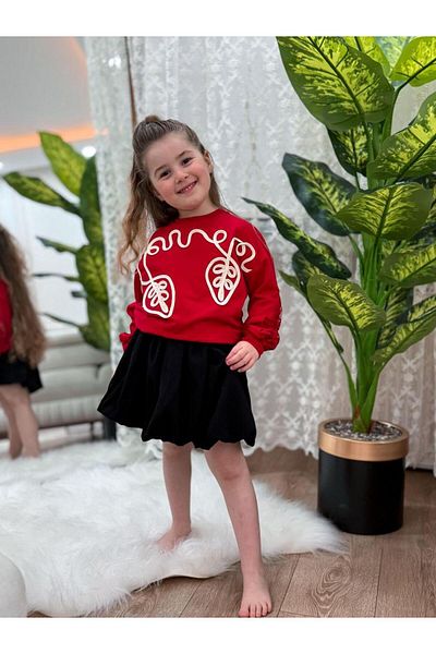 Magu Girl's Balloon Skirt & Embroidered Sweatshirt Double Set