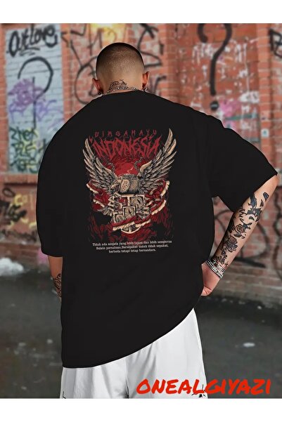 oneagılyazı تي شيرت كبير الحجم مطبوع عليه ظهر النسر الإندونيسي