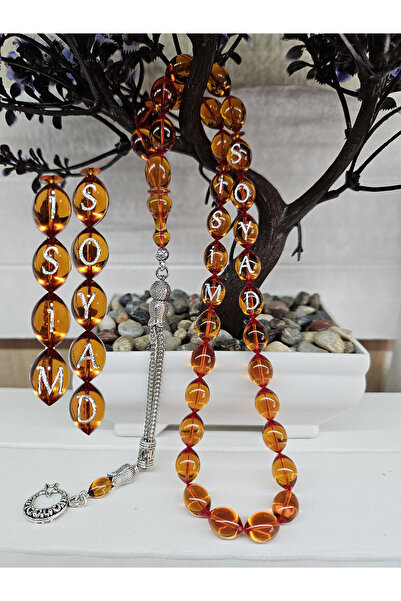 Zikir Tesbih Ateş Kehribar Tesbih, kişiye Özel İsim İşlemeli Ahşap kutulu, Sı...