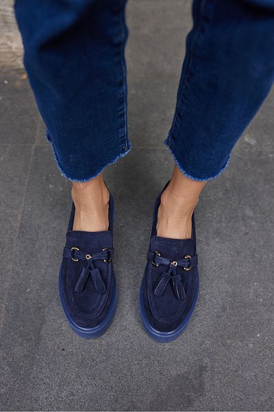 ANGELİNA JONES Gray Women's Navy Blue Real Suet Tassel Eva Sole Loafer