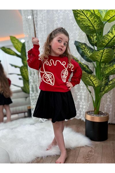 Magu Girl's Balloon Skirt & Embroidered Sweatshirt Double Set