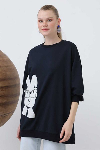 LOREEN FASHİON Women's Crew Neck Rabbit and Stone Detailed Tunic-Sweat 20624