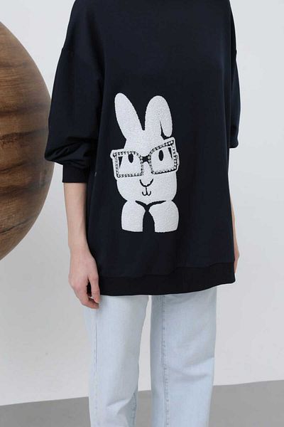 LOREEN FASHİON Women's Crew Neck Rabbit and Stone Detailed Tunic-Sweat 20624