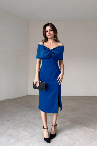 ALFUDO Moda Collection Slit Blue Dress with Ribbon Detail Straps