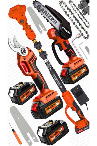 Graizer Alman Teleskop Set 4 Akülü Şarjlı Ağaç Dal Kesme Budama Makası Testere Teleskop Hediye 10 Pilli Akü