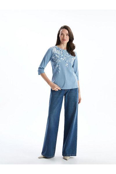LC Waikiki Tricou cu flori pentru femei LCW Grace Crew Deck
