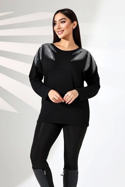 Bİ.GİYSEN Black Lycra Buluz - Leaf Crystal Stones, Crew Neck Shoulders