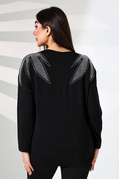Bİ.GİYSEN Black Lycra Buluz - Leaf Crystal Stones, Crew Neck Shoulders