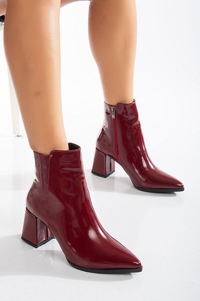 ÜNAL ÖZER Claret Red Patent Leather Women's - Pointed Toe Thick Heeled Boots Un001-0130