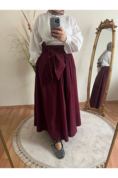 GÜZEL ÇARŞI Bordo Fiyonlu Belden Bağlamalı Kloş  Etek