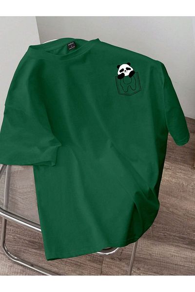 PALPİTO Ανδρικό μπλουζάκι NeftiGreen Cute Pocket Panda με στάμπα Oversize