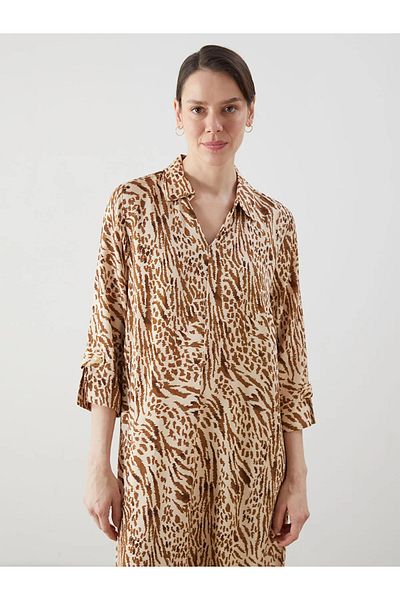 LC Waikiki Grace Beige Shirt Collar Print A-Line Women's Dress