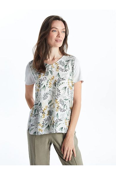 LC Waikiki Ecru V λαιμόκοψη Floral κοντομάνικο γυναικείο μπλουζάκιS56012Z8