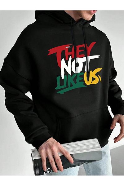 PALPİTO Men's Black They Not Like Us Printed 3 Thread Hooded Hoodie Sweatshirt