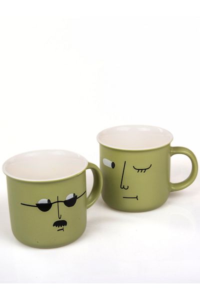 MUKKO HOME Modern Stylish Green Porcelain Mug Set of 2 in 1, 350ml Minimalist Design