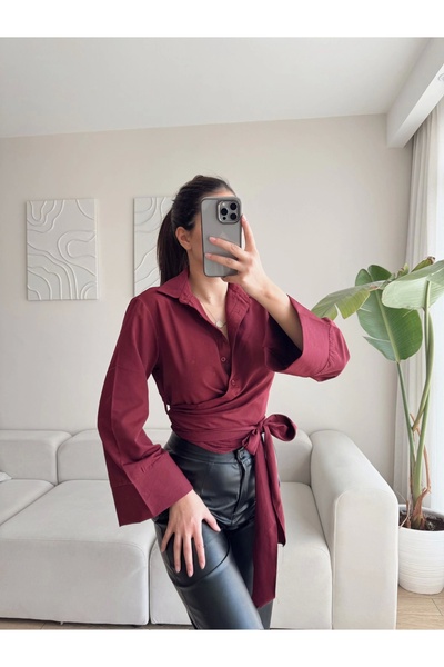 Zoom Butik Kruvaze Yaka Kuşaklı Gömlek - BORDO