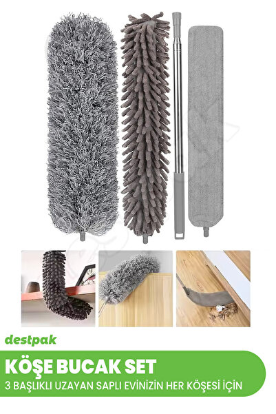 Destpak مجموعة مكنسة الزاوية - 3 رؤوس مع مقبض قابل للتمديد - مكنسة غبار مغناط...