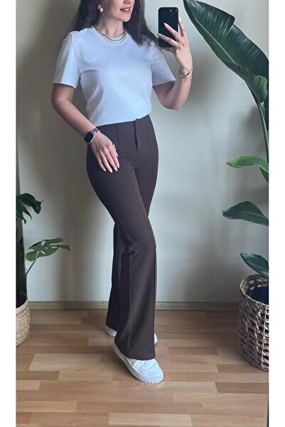 Butik KAHVERENGİ 4 MEVSİM ENBOY LİKRALI GİPELİ GRAMAJLI ÇİMALI PALAZZO PANTOLON
