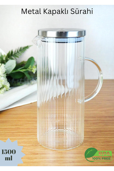 Flash Bazaar Metal Kapaklı Borosilikat Çizgili Cam Sürahi 1500 ml - Ateşe Isı...