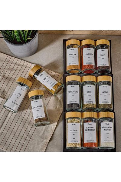 hinezahome Raul Woody 12-Piece Minimal Acacia Lid Spice Rack Set 120ml-30 Pcs. Black-White Label Gift