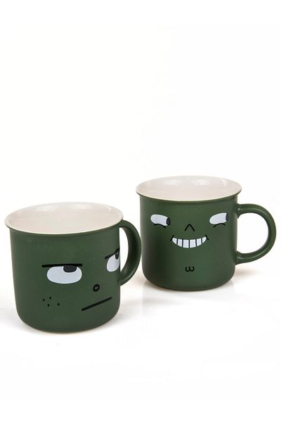 MUKKO HOME Modern Stylish Green Porcelain Mug Set of 2 in 1, 350ml Minimalist Design