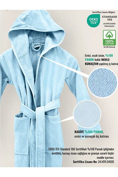 Ellaline Children's Bathrobe 100% Cotton Certified, Velvet Outside, Absorbent Inside Warm Towel Fabric 9-10 Years Old Blue