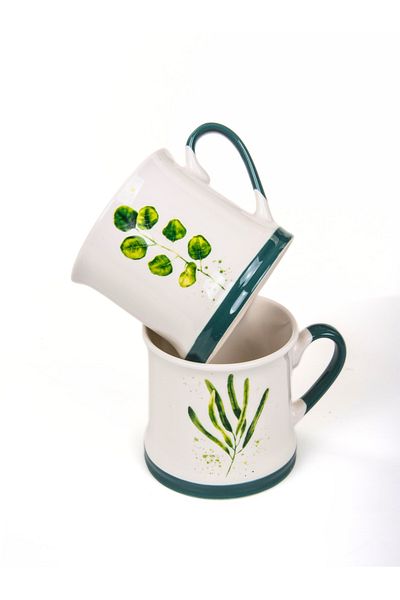 MUKKO HOME Set of 2 Mug Set Green Leaf Patterned Porcelain Mug Set – 350ml, Stylish and Aesthetic Design