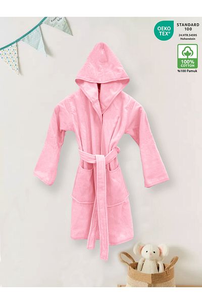Ellaline 9-10 Years Old Children's Bathrobe 100% Cotton, Certified Outer Velvet, Inner Absorbent Warm Towel Fabric Pink