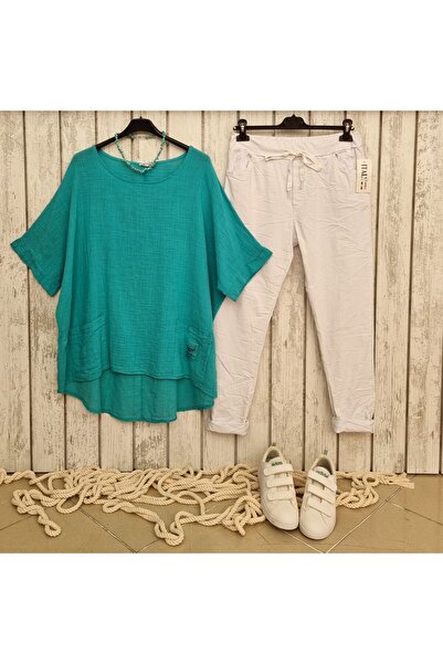 pudubutik بلوزة موسلين مقاس كبير تركواز ايطالي