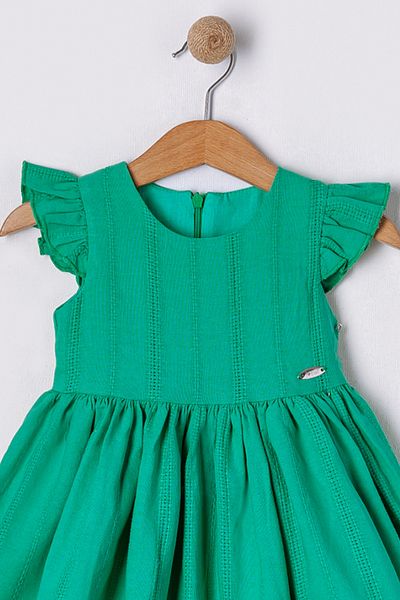 Bebüş Flounced Short-Sleeved Pleated Flared Cut Lined Green Baby Girl Dress 16102