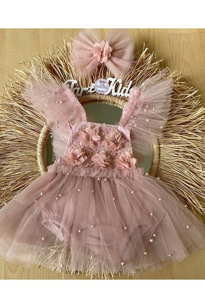 EBRU ÖZÖRGÜCÜ Girl's Tutu Salopette Dress with Pearls, Flowers and Bandana