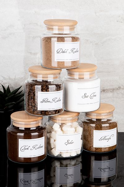 Dolkin Home Set of 6 500ml Wooden Vacuum Lid Labeled Tea Coffee Corner Set Glass Jar Set