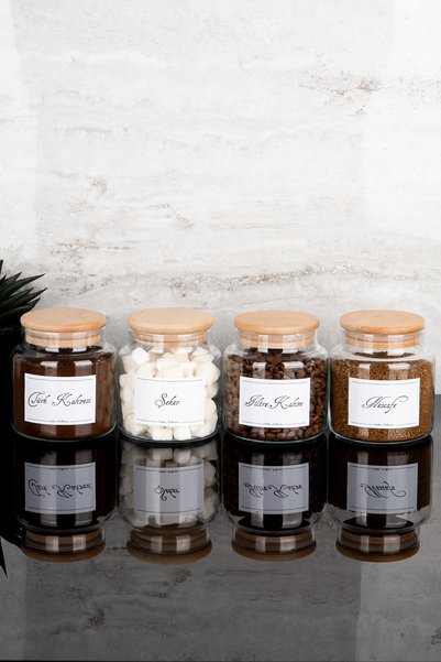Dolkin Home Set of 4 500ml Coffee Corner with Wooden Lid Turkish Coffee/Nescafe/Filter/Glass Jar with Sugar Labels