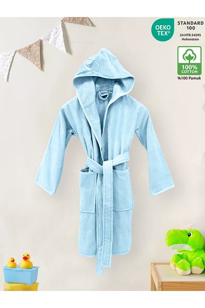 Ellaline Children's Bathrobe 100% Cotton Certified, Velvet Outside, Absorbent Inside Warm Towel Fabric 9-10 Years Old Blue