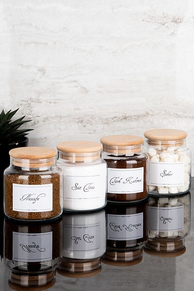 Dolkin Home Set of 4 500ml Coffee Corner with Wooden Lid Turkish Coffee/Nescafe/Milk Powder/Glass Jar with Sugar Labels