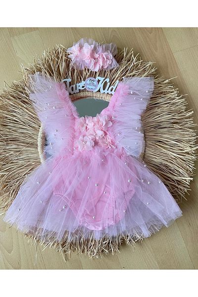 EBRU ÖZÖRGÜCÜ Girl's Tutu Salopette Dress with Pearls, Flowers and Bandana