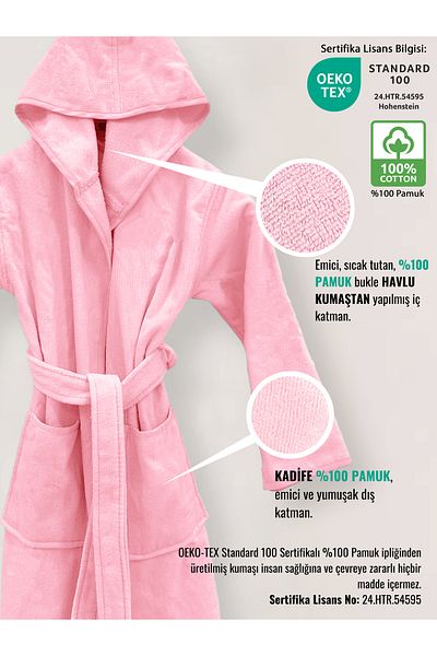 Ellaline 9-10 Years Old Children's Bathrobe 100% Cotton, Certified Outer Velvet, Inner Absorbent Warm Towel Fabric Pink