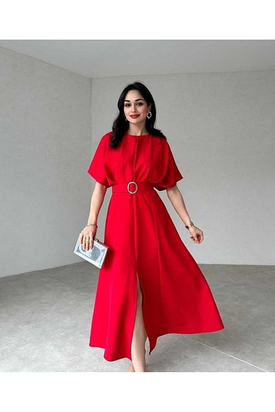MODA DURAĞI Midi Dress with Calichters - Slit and Belt Detail